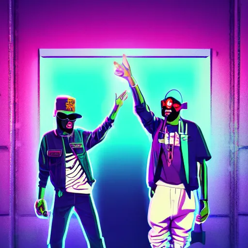 Image similar to ! dream stylish cartoon portrait of two hip hop artists in a club with designer clothes, throwing rubber bands in the air instead of money, made out of rain, cyberpunk background, rendered in octane, unreal engine, highly detailed, trending on artstation, realistic, splashes of neon, beautiful, depth of field, glowing eyes