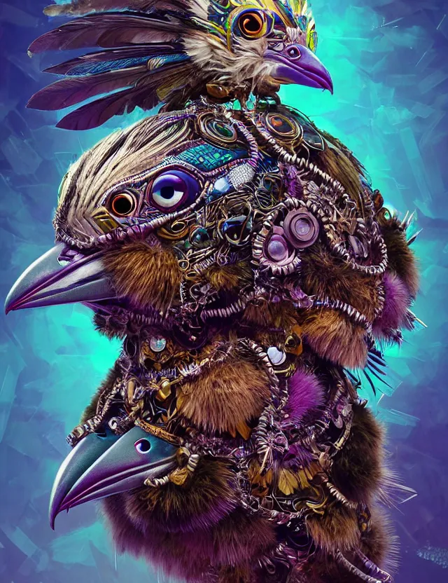 Image similar to 3 d goddess wide angle portrait with feathers, fur, and bones. beautiful intricately detailed kookaburra mask and retrowave sorceress outfit. lizard scales, reflective chitin, optical mineralogy, songlines, plasma, creature, artwork by tooth wu and android jones wlop and android jones and beeple and greg rutkowski