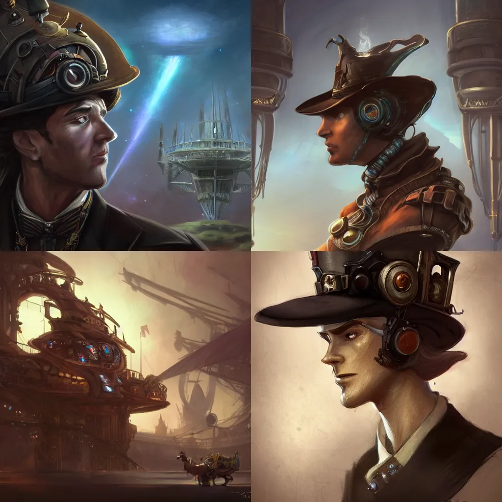 Prompt: a side-view portrait of a noble slender male in hat in the center, posing with crossed arms, steampunk spaceship on background, by tyler edlin and lindsey look, victorian, concept art, steam romance, adventure, detailed, 4k resolution, trending on artstation