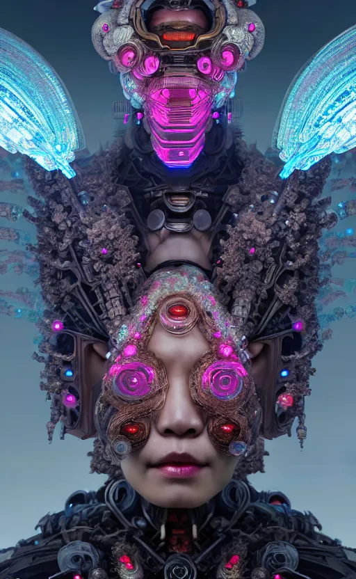 Image similar to asura from chinese myth, ghost, gorgeous and huge head ornaments, dystopian, cyberpunk, organic fractal mycelum and fungi, mecha, halfturn portrait of a big crystal face made of crystals half - turn, ominous, intricate, studio, art by anthony macbain + greg rutkowski + alphonse mucha, concept art, 4 k, sharp focus