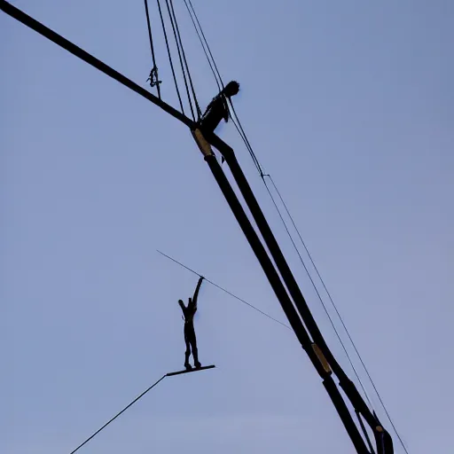 Image similar to tightrope walker above Erasmus bridge, hyperdetailed