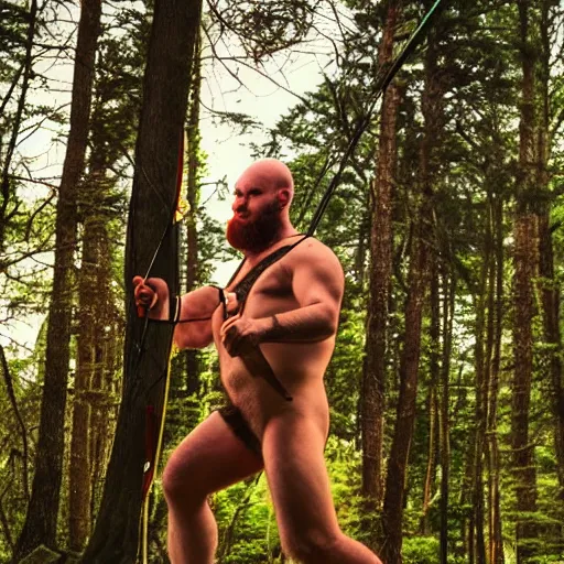 Prompt: bald man with a large red beard that's a centaur running through the forest holding a bow and arrow