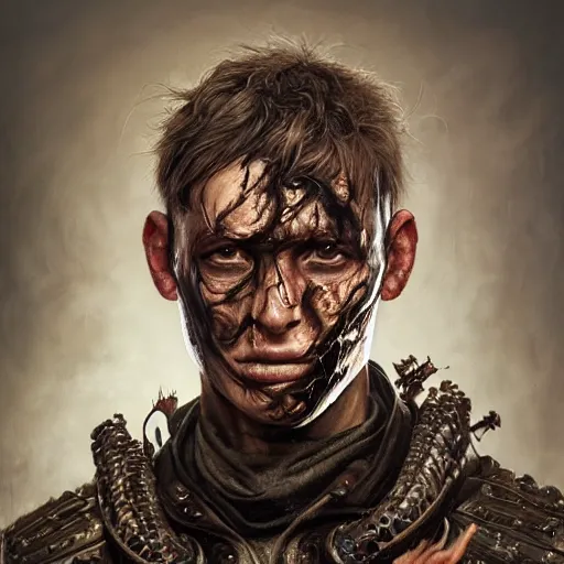 Image similar to portrait painting of a bitter young man with severe burn scars on his cheek and uneven very short hair wearing tattered leather armor, ultra realistic, concept art, intricate details, eerie, highly detailed, photorealistic, octane render, 8 k, unreal engine. art by artgerm and greg rutkowski and charlie bowater and magali villeneuve and alphonse mucha