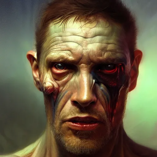 Image similar to a hyper - realistic character concept art portrait of a man in agony on a depth of field background, artstation, award - winning realistic sci - fi concept art by jim burns and greg rutkowski, beksinski, a realism masterpiece, flesh - tone color palette, james gilleard, bruegel, alphonse mucha, and yoshitaka amano.