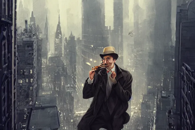 Image similar to portrait detective wearing a trench coat in profile smoking a sherlock holmes pipe on a perch facing the city at night, smooth, focus, highly detailed, hyper realistic, dramatic lighting, intricate, concept art, new york skyline, looking down, art by wlop, greg rutowski, artstation