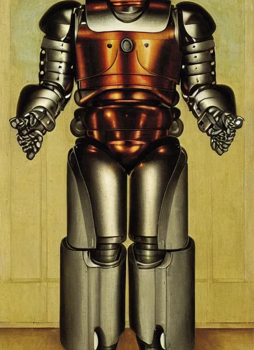 Image similar to a portrait of Robocop by Jan van Eyck