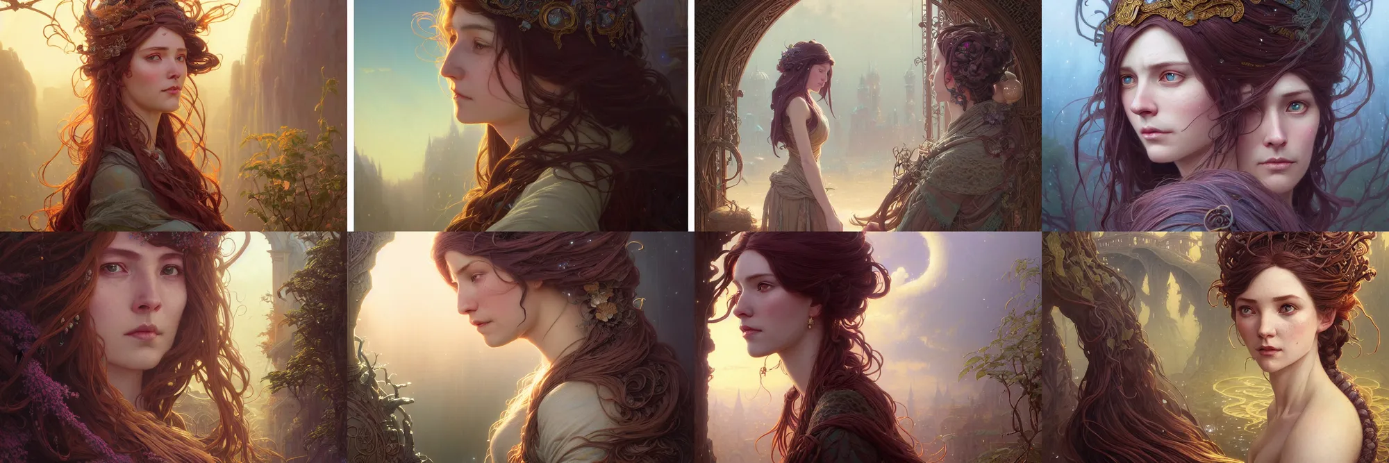 Image similar to highly detailed portrait of a woman with long hairs, stephen bliss, unreal engine, fantasy art by greg rutkowski, art nouveau, loish, rhads, ferdinand knab, makoto shinkai and lois van baarle, ilya kuvshinov, rossdraws, tom bagshaw, alphonse mucha, global illumination, radiant light, detailed and intricate environment