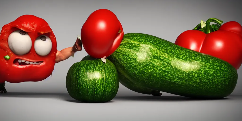 Image similar to detailed 3 d render of a furious zucchini character with bulging muscles attacking a timid tomato, high speed action, martial arts, explosions, blood, dramatic scene, hyper realistic octane render, cinematic lighting, deviantart, pop - surrealism, lowbrow, frame from pixar movie