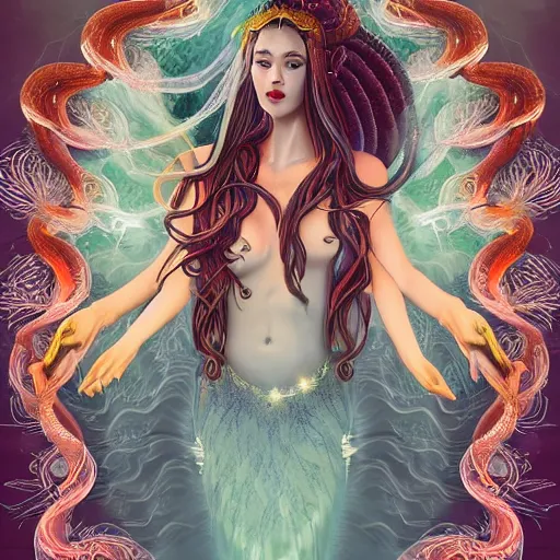 Image similar to Full body photo of the most beautiful goddess, she has a jellyfish-phoenix head's and a siren body, some tentacles are touching her, she flying to heaven through the clouds, she is swimming and leading some chrysaora hysoscella with smoke behid her, by Tooth Wu, trending on Artstation, digital art, symmetrical artwork, cinematic, hyper realism, high detail, octane render, 4k, 8k