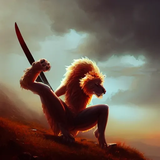 Image similar to commission of a male anthropomorphic albino lion holding a sword under a red sky,digital art,art by greg rutkowski,trevor henderson,ross tran,photorealistic,hyperdetailes,highly realistic,natural lighting,deviantart,artstation,dramatic,cinematic,4k,western comic style