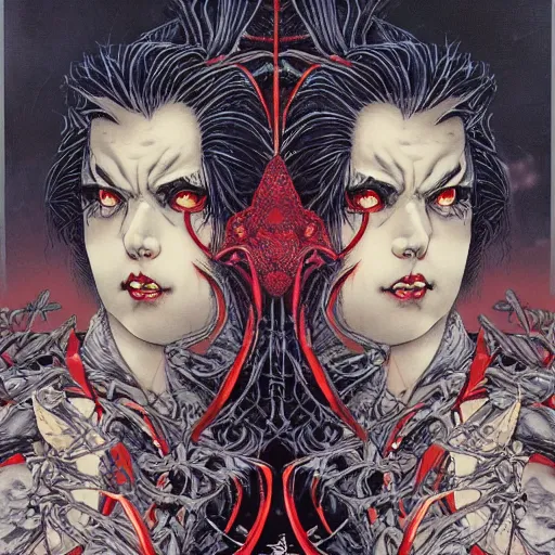 Prompt: portrait of vampire kiss, symmetrical, by yoichi hatakenaka, masamune shirow, josan gonzales and dan mumford, ayami kojima, takato yamamoto, barclay shaw, karol bak, yukito kishiro