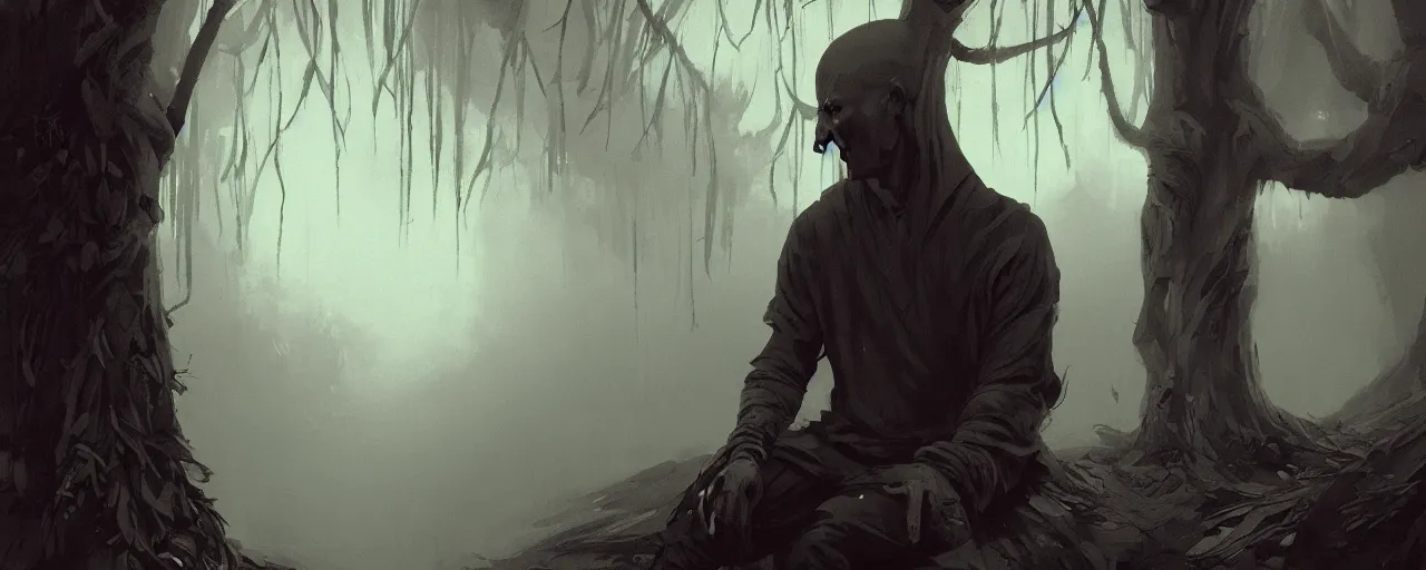 Image similar to duotone noir illustration close up of bald merchant demon sitting below willow tree in medieval brown tunic. foggy evening. dark dream atmosphere with volumetric hellish lighting, by sachin teng and sergey kolesov and ruan jia and heng z. graffiti art, scifi, fantasy, hyper detailed. octane render. concept art. trending on artstation