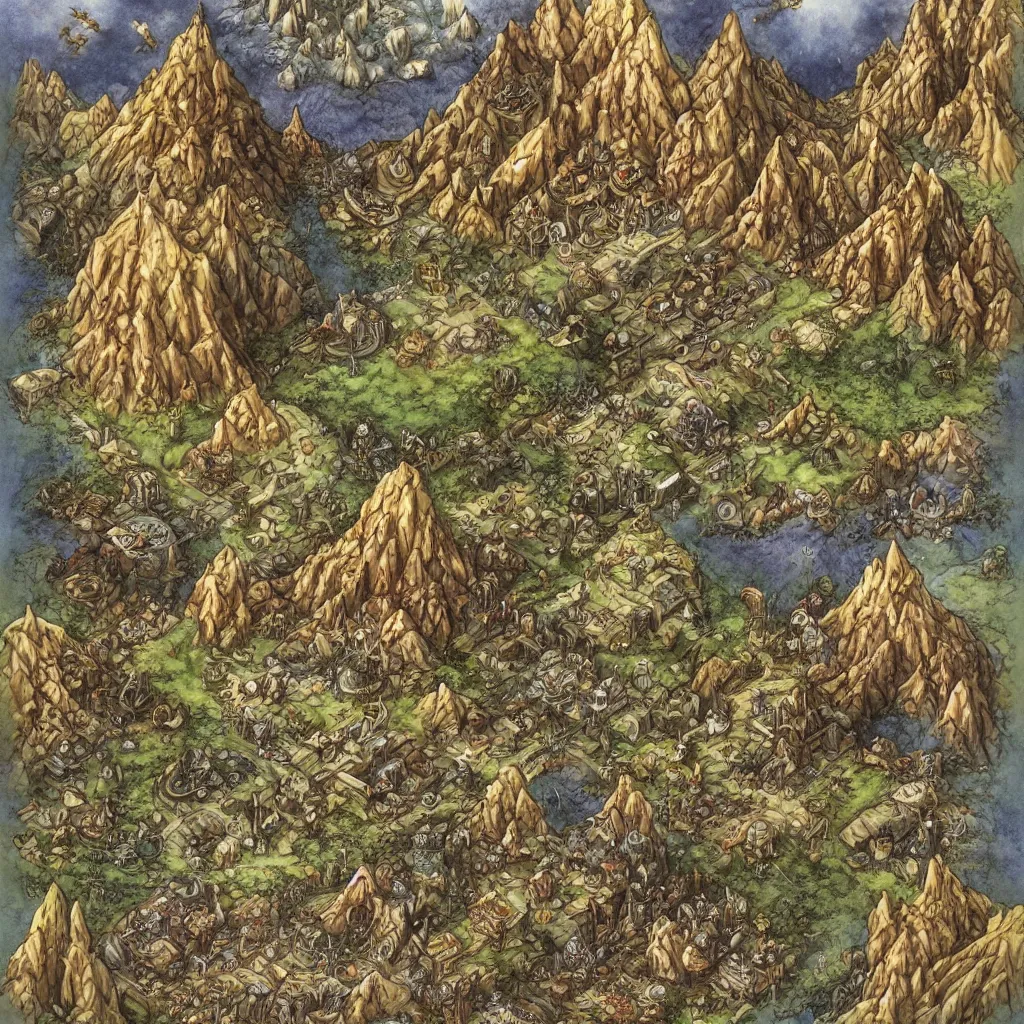 Prompt: an isometric fantasy mountain range, the land of Odrua by brian froud by jrr tolkien