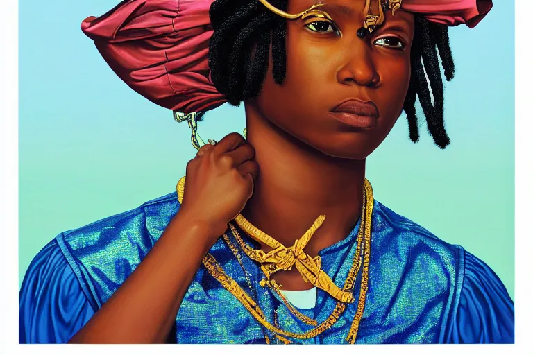 Image similar to a girl pirate with iridescent skin by kehinde wiley