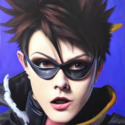 Image similar to oil painting of punk tracer overwatch in a field wearing very large black leather belt choker collar around neck, in style of mark arian, expressive face, very detailed face, very detailed eyes, full body, feminine face, detailed makeup on eyes, tracer overwatch,