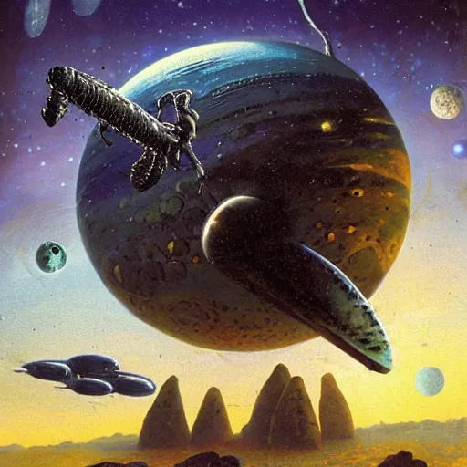 Prompt: alien planetscape illustrated by thomas kinkade and chris foss