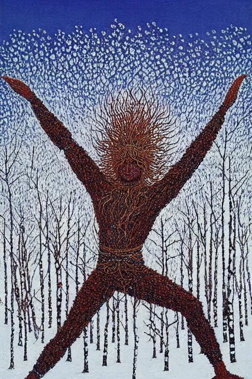 Image similar to ivan marchuk style nataraja dancing in a winter birch grove and raising snow clouds during a solar eclipse, visionary art style