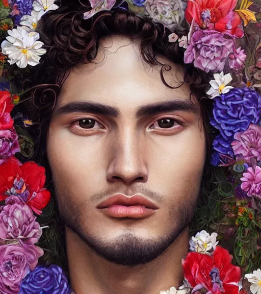 Prompt: portrait of a very handsome peruvian male model, surrounded by flowers by karol bak, james jean, tom bagshaw, rococo, trending on artstation, cinematic lighting, hyper realism, octane render, 8 k, hyper detailed.