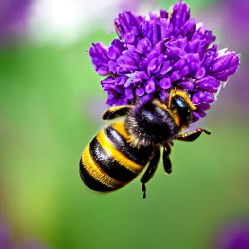 Prompt: a bee landing on bright purple flowers with a yellow center, close up dslr photo