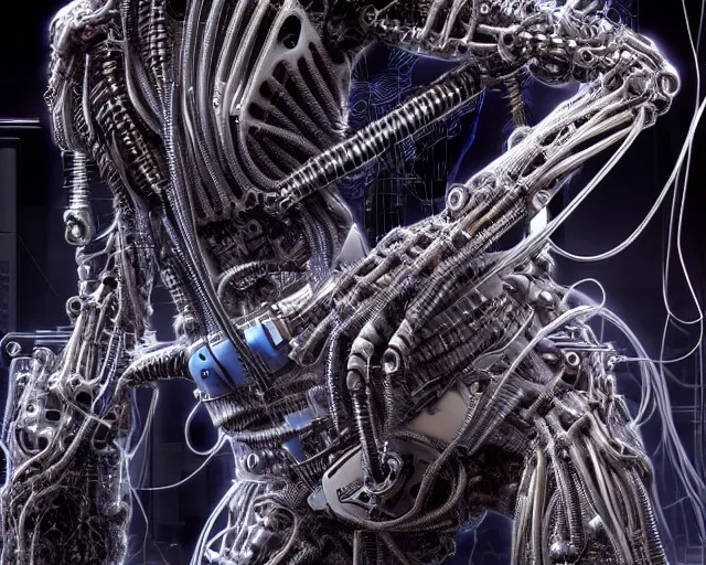 Prompt: photo of a biomechanical torso of a cyborg plugged into a quantum computer with cables and wires and optic fibers. cyberpunk horror style. art by luis royo. highly detailed 8 k. intricate. nikon d 8 5 0 5 5 mm. award winning photography.