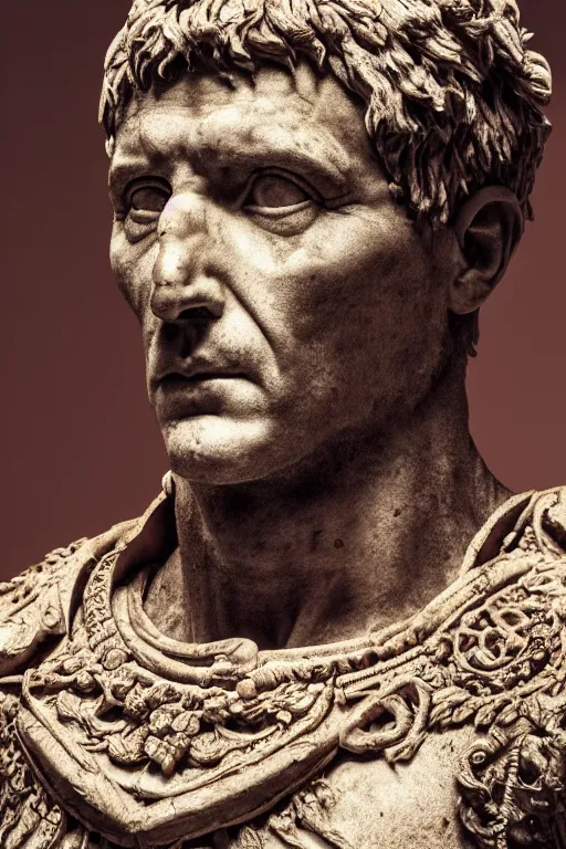 Prompt: a portrait of julius caesar, ancient roman setting, dynamic pose, close - up, intricate details, intricately detailed clothing, intricate textures, warm lighting, vivid colors, smoke and mist, realistic octane render, hyper realistic render, volumetric shading, depth of field, raytracing, 8 k,