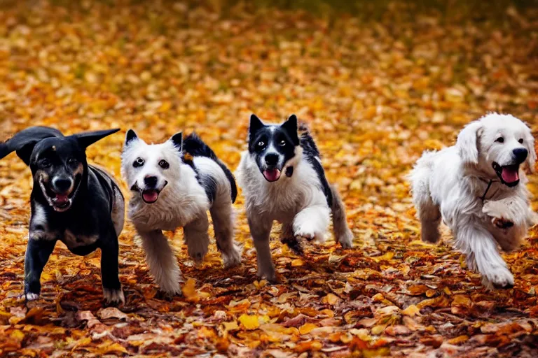 Image similar to dogs running through autumn leaves towards the camera, motion blur