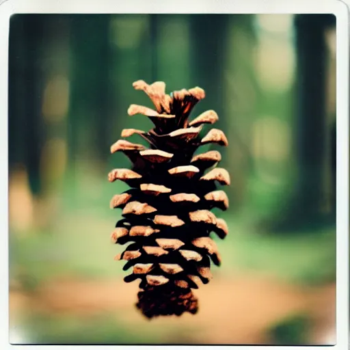 Image similar to polaroid photo of pine cone with human legs, bokeh