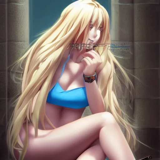 Prompt: a very beautiful young anime girl with 2 0 meters long blond hair, full body, long wavy 2 0 meters long blond hair, sky blue eyes, full round face,, bikini, miniskirt, front shot, sitting in a dark prison cell, highly detailed, cinematic wallpaper by stanley artgerm lau