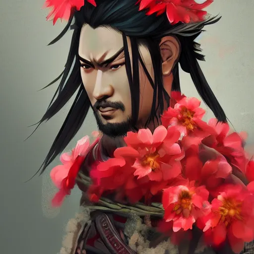 Prompt: samurai with red flowers on background, artstation, cgsociety