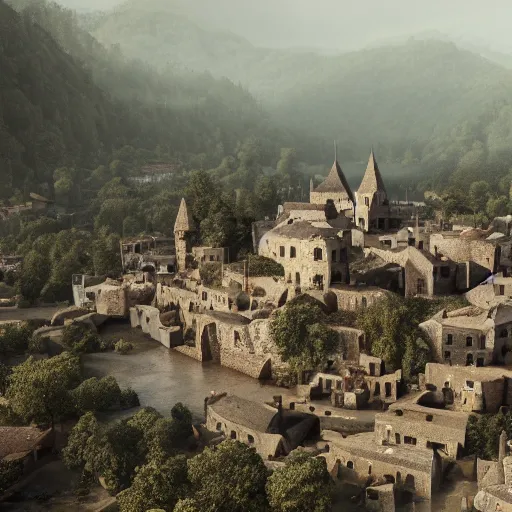 Image similar to the center of a poor medieval town under heavy rain at late dawn, in a valley, surrounded by mountains, highly detailed, octane render, ultra detailed cinematic, 8 k, widescreen, 1 6 : 9, hd