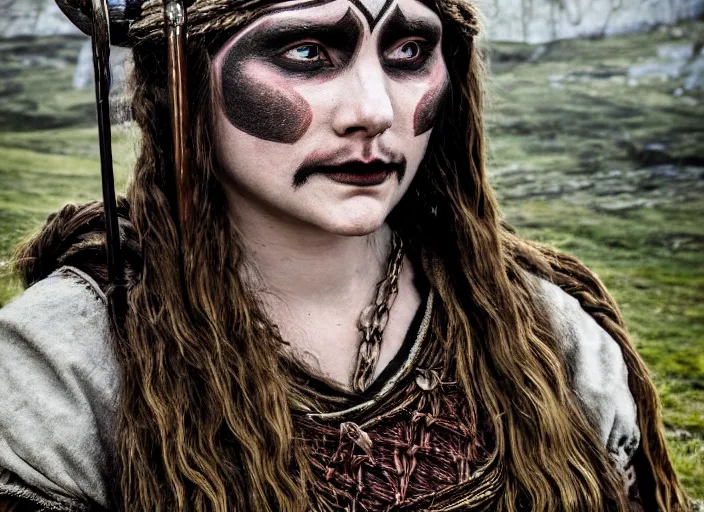 Image similar to a young female viking seer witch in the village. Seer wears traditional viking markings and makeup. Highly detailed. 8k. Fantasy horror.