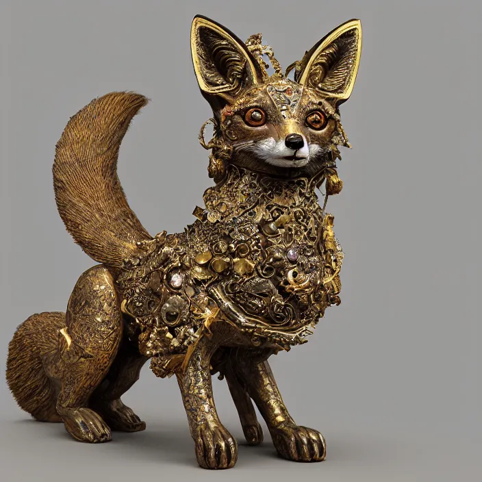 Image similar to highly detailed ancient artifact depicting a fox made of bronze and ivory and encrusted with precious jewels, beautiful patina, ethereal, esoteric, zbrush sculpt, octane render, intricate, ornate, cinematic lighting, hyperrealistic