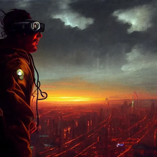 Prompt: wanderer with night vision goggles, dramatic light, sunset, cyberpunk city in the background, gorgeous view, depth, painted by Caspar David Friedrich, clouds, tending on artstation