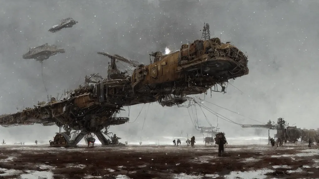 Image similar to 1920's broken down bipedal mech in the snowy tundra, oil drill in the distance, steampunk airship above, painted by Jakub Rozalski