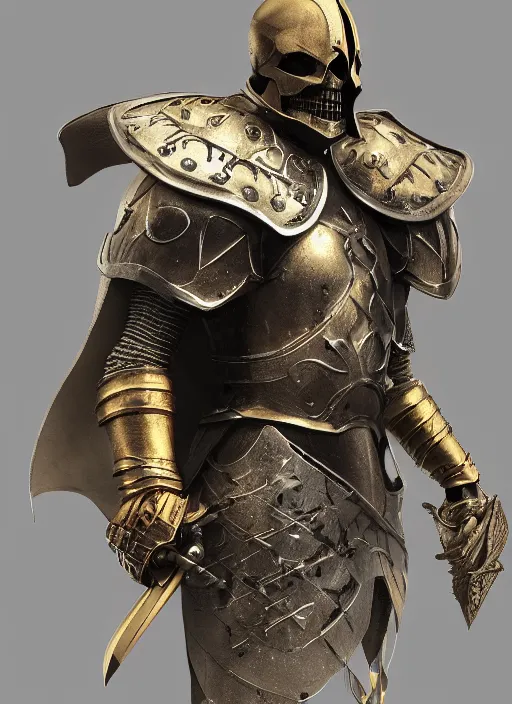 Prompt: 3d render of a character concept of a skull headed knight with a skull hemet, wearing golden armor, hyper realistic, unreal, craig mullins, alex boyd, lord of the rings, game of thrones, dark souls, artstation, warhammer