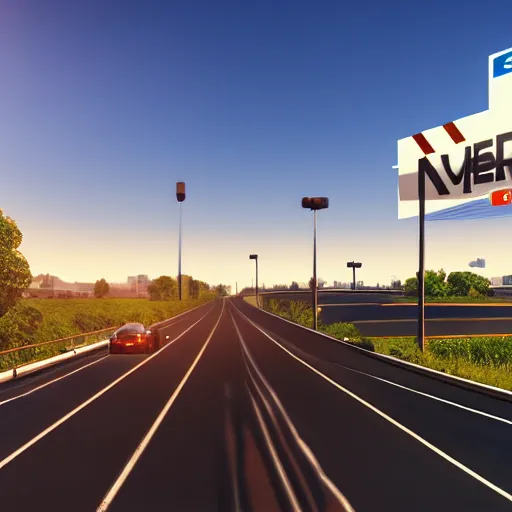 Prompt: of a advertisement with a scene of a highway with words written on the road in front of the viewer, occlusion shadow, specular reflection, rim light, unreal engine, octane render, artstation, high quality, intricate detailed 8 k, sunny day