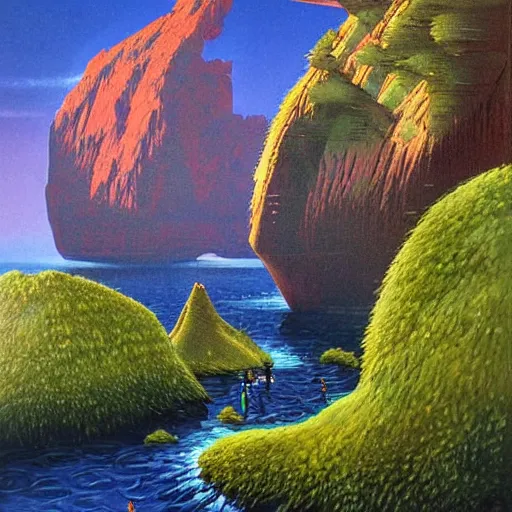 Image similar to beautiful illustration of a lush natural scene on an alien planet by vincent di fate. science fiction. extremely detailed. beautiful landscape. weird vegetation. cliffs and water.