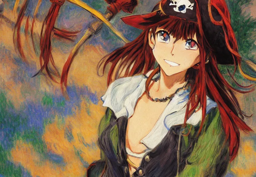 Image similar to wide angle painting of a female pirate, a thrifty uniform, somewhat of an anime in impressionist style, trending artwork, illustrated in anime painter studio, by claude monet and an anime artist, collaboration