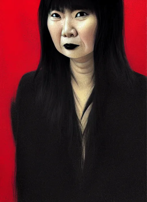 Image similar to portrait of a middle - aged asian woman with a crooked nose and a confident expression, 1 9 6 0 s, black clothes, goth, punk, brightly coloured hair, funk, intricate, elegant, highly detailed, digital painting, artstation, concept art, smooth, sharp focus, illustration, art by wlop, mars ravelo and greg rutkowski