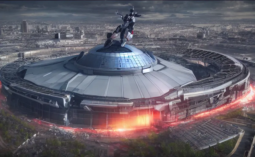 Image similar to establishing a futuristic stadium with a giant gundam, unreal engine, hyper realism, realistic shading, cinematic composition, realistic render, octane render, detailed textures, photorealistic, ultrawide shot, 3 5 mm film