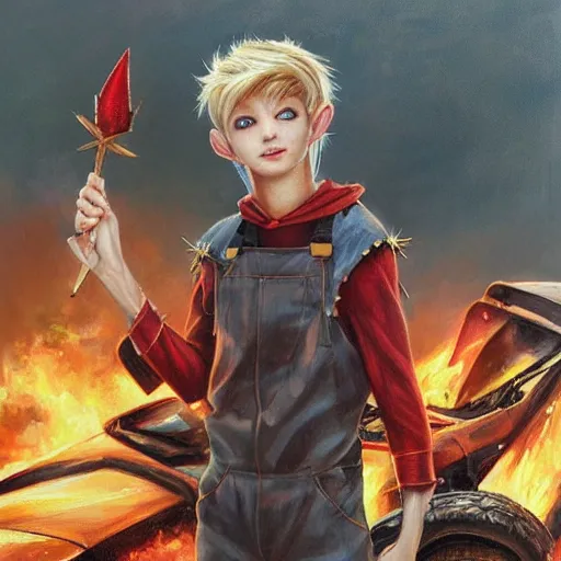 Image similar to a skinny teen boy as a fantasy elf with spiky blonde hair wearing dark brown overalls and holding a firecracker standing next to a destroyed car, painting by artgerm