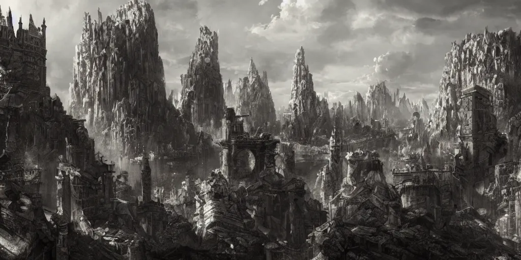 Prompt: A photograph of a fantasy city composed of huge stone towers atop a cliff, Piranesi, artstation