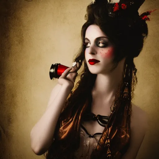 Image similar to A beautiful portrait of a lady vampire, steampunk, photography, 35mm, soft light, cinematic, klimt