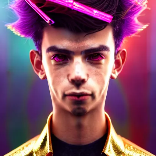 Prompt: hyperdetailed portrait of a cyberpunk european boy with brown hair made of iridescent metals and shiny pink gems, bright rainbow nimbus, gold necklace, gold background inspired by ross tran and masamune shirow and kuvshinov, intricate, photorealistic, octane render, rtx, hdr, unreal engine, dnd digital art by artgerm