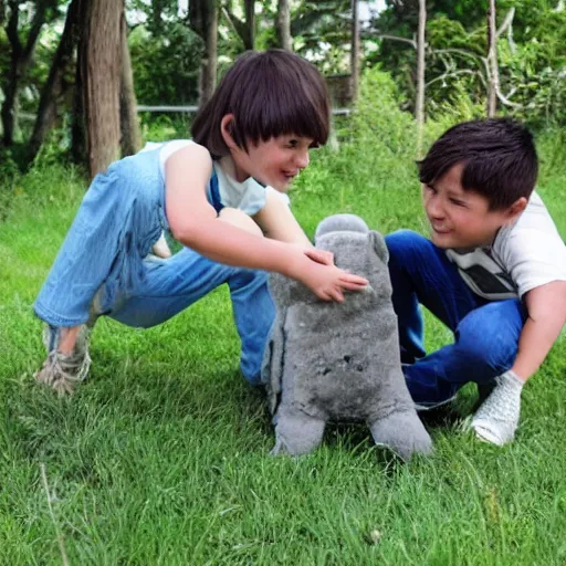 Prompt: two kids discovering an animal that does not exist