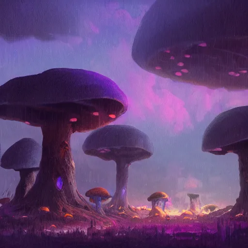 Image similar to concept art painting of a fantasy alien nighttime landscape of houses made of fungus, with glowing blue lights, glowing mushrooms, dark purple sky, realistic, detailed, cel shaded, in the style of makoto shinkai and greg rutkowski and albert bierstadt and james gurney