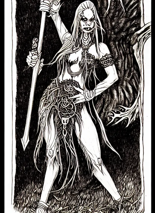 Image similar to cait sidhe as a d & d monster, full body, pen - and - ink illustration, etching, by russ nicholson, david a trampier, larry elmore, 1 9 8 1, hq scan, intricate details, inside stylized border