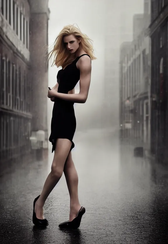 Image similar to cosmopolitan model annie leonhart posing with open toe heels in dunwall city, beautiful face, detailed face, realistic eyes, cinematic lighting, rainy weather, melancholy atmosphere, volumetric light, gothic architecture, realistic reflections, model agency, instagram photo, depression atmosphere, shot on sony a 7 iii