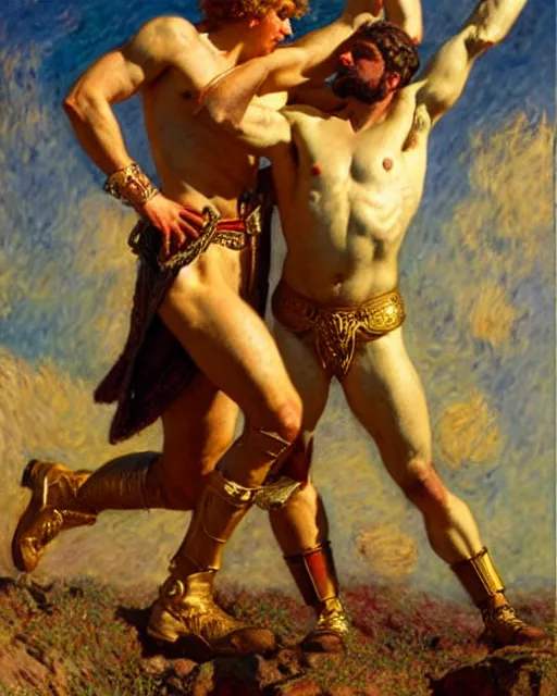 Prompt: heroic alexander the great stands upon the mighty and fallen achilles, he is victorious and gleeful, painting by tom of finland, gaston bussiere, craig mullins, j. c. leyendecker, claude monet