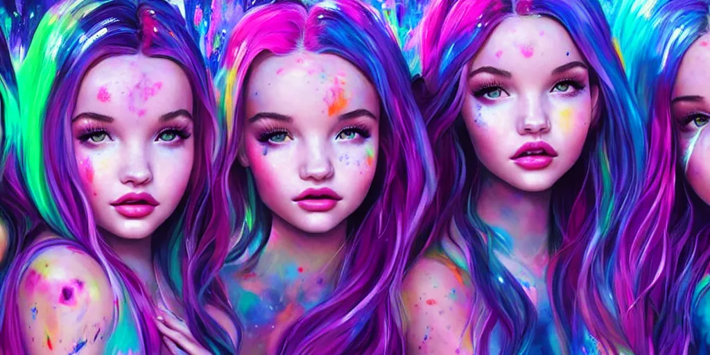 Image similar to dove cameron and madison beer and bella poarch are three beautiful raver girls in the dark, rolling on ecstasy, peaking on pure molly, dilated pupils and covered in florescent paint, highly detailed, digital painting, dramatic lighting, artstation, concept art, matte, sharp focus, illustration, art by artgerm and ross tran and thomas kincade